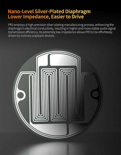 Silver-plated diaphragm of the KZ PR3, showcasing its intricate design for enhanced audio performance and lower impedance.