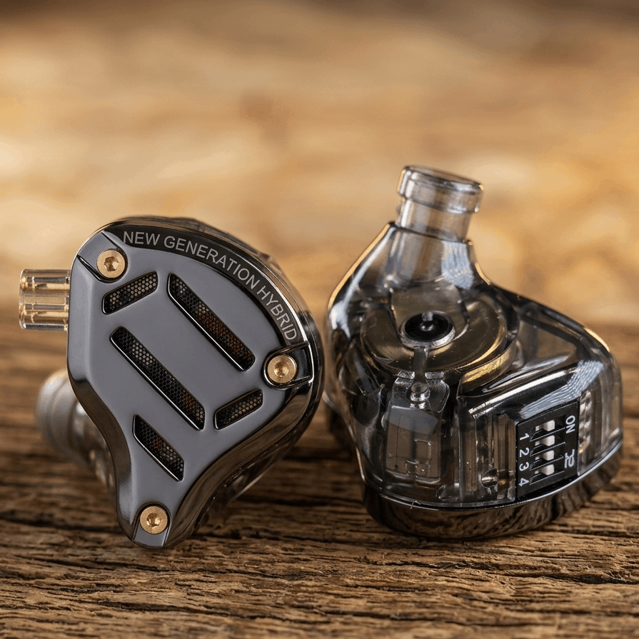 KZ ZS10 PRO 2 in-ear monitors with hybrid design and adjustable sound settings on wood surface background