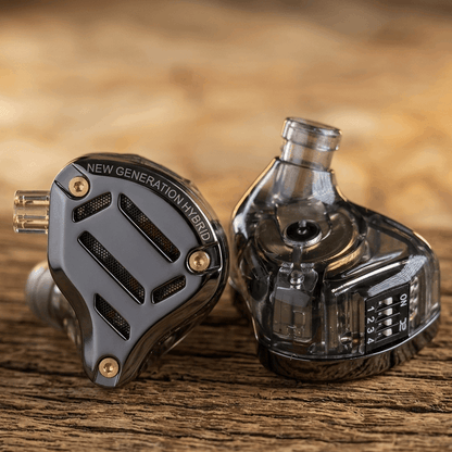 KZ ZS10 PRO 2 in-ear monitors with hybrid design and adjustable sound settings on wood surface background