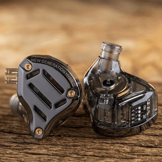 KZ ZS10 PRO 2 in-ear monitors with hybrid design and adjustable sound settings on wood surface background