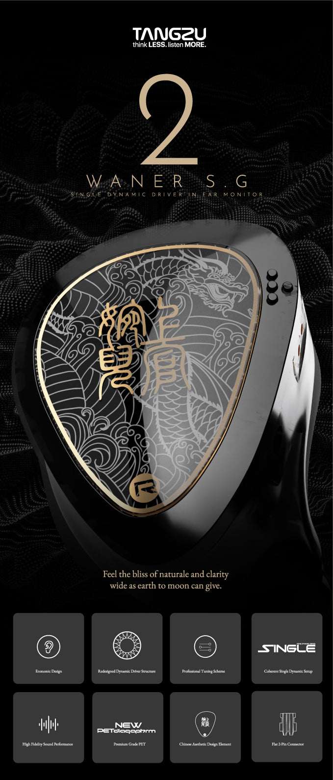 TangZu Waner 2: sleek black design with intricate gold detailing, featuring dynamic drive technology for enhanced sound.