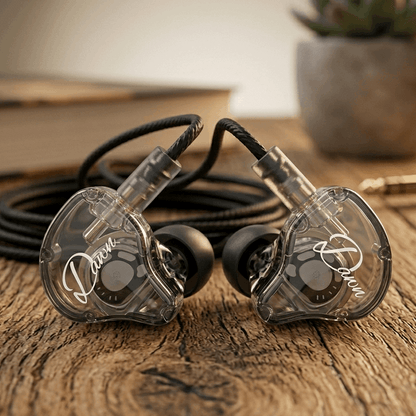 KZ Dawn in-ear monitors with a transparent design and black ear tips, set on a wooden surface with a plant in the background.