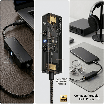 Whizzer DA1 USB-C Amplifier by THE VOLTRAY VAULT, compact design with volume control, Hi-Res audio features, and portable.