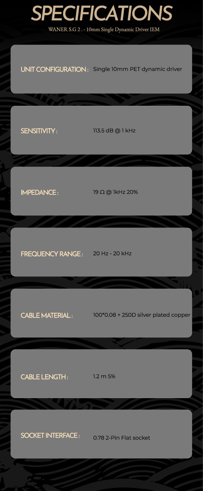TangZu Waner 2 IEM features a single 10mm dynamic driver, 20Hz-20kHz frequency range, and 1.2m silver-plated copper cable.