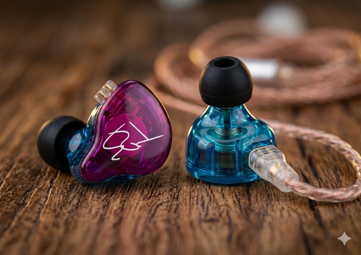 KZ ZST in-ear monitors with colorful transparent shells and detachable cables, displayed on a wooden surface.