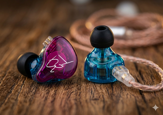 KZ ZST in-ear monitors with colorful transparent shells and detachable cables, displayed on a wooden surface.