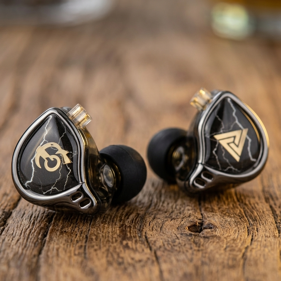 THE VOLTRAY VAULT QKZ X HBB in-ear monitors with black and silver design, featuring a lightning pattern and logo.