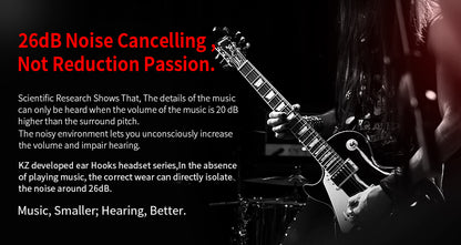 KZ ZST ear hooks with 26dB noise cancelling feature, designed for enhanced music isolation and comfort.