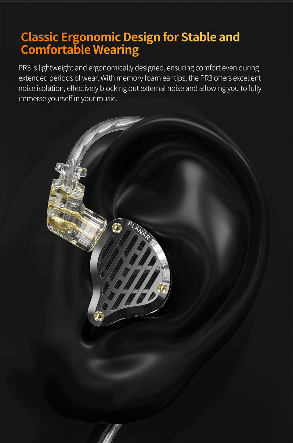KZ PR3 in-ear monitors showcased on a model ear, featuring ergonomic design and memory foam ear tips for comfort.