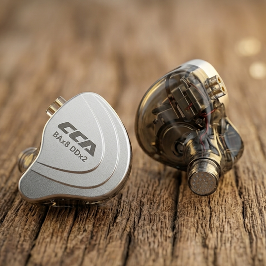 Stylish CCA C10 in-ear monitors with a sleek silver finish and transparent housing, showcasing intricate internal components.