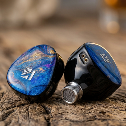KBEAR KB02 in-ear monitors with a vibrant blue and gold design, featuring a sleek black body and logo detail.