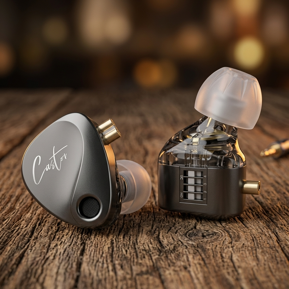KZ Castor in-ear monitors with a sleek design, transparent housing, and dual connectors on a wooden surface.
