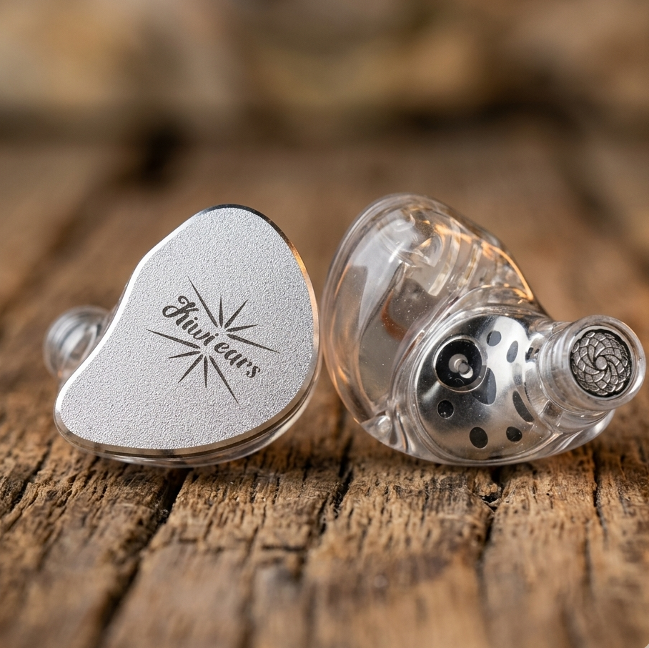 Kiwi Ears Belle custom in-ear monitors with silver faceplate and clear shell showing internal components on wood surface