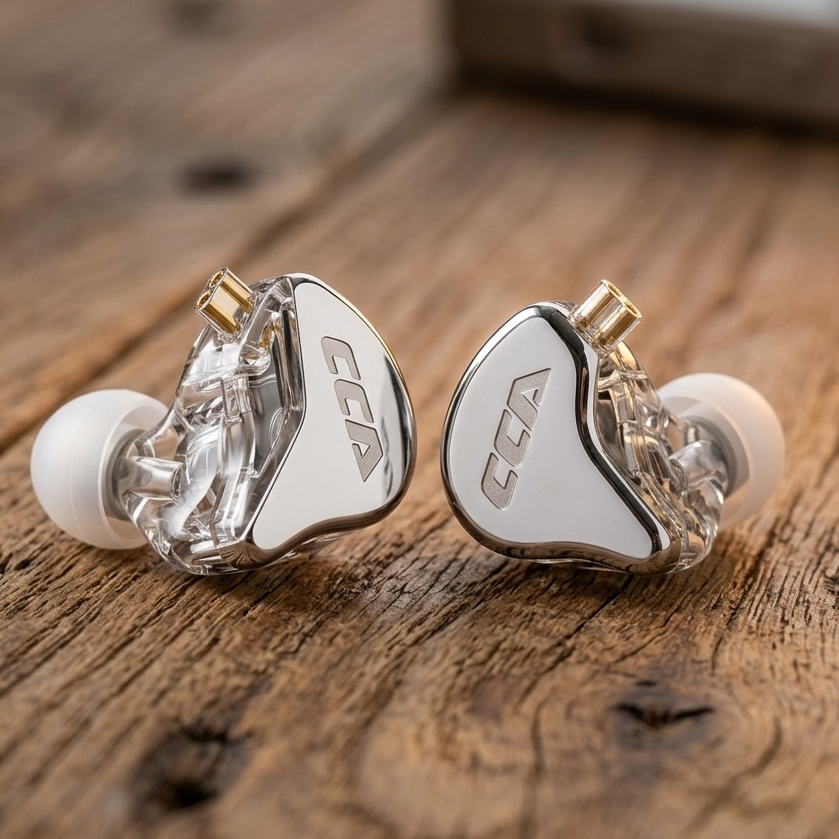 Clear CCA CRA in-ear monitors with a transparent design and white accents, displayed on a wooden surface.