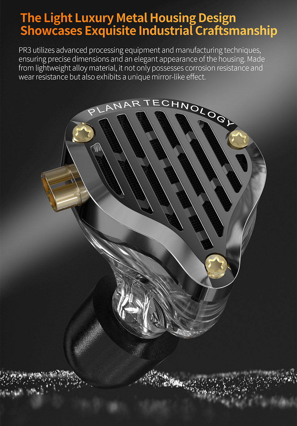 KZ PR3 in-ear monitors feature a transparent metal housing with gold accents, showcasing industrial craftsmanship and lightwe