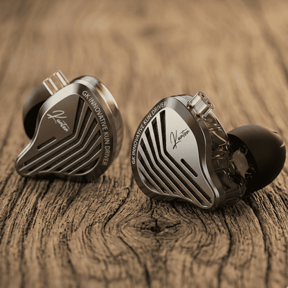 GK Kunten earphones by THE VOLTRAY VAULT, featuring a sleek design with metallic accents and a unique driver structure.