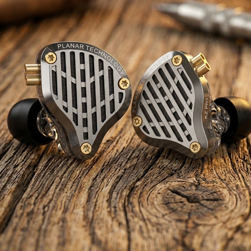 KZ PR3 earphones with a unique triangular design, featuring a metal grille and gold accents on a wooden surface.