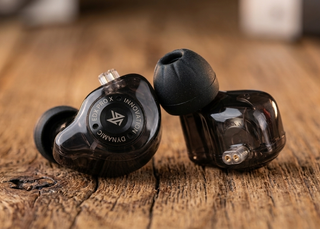 KZ EDX PRO X in-ear monitors with transparent housing and black ear tips, displayed on a wooden surface.