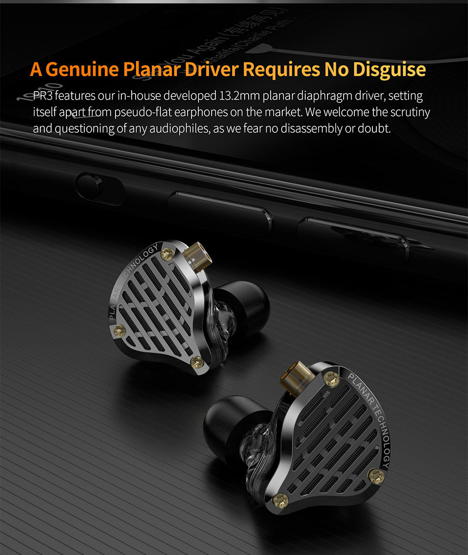 KZ PR3 in-ear headphones featuring a 13.2mm planar diaphragm driver with a sleek design and metallic accents.