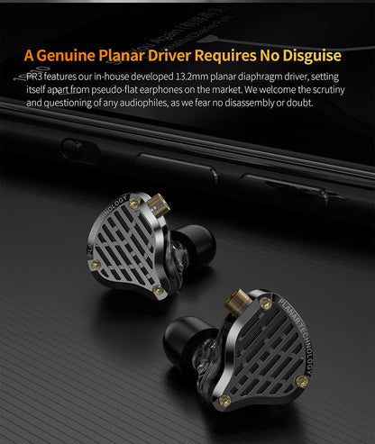 KZ PR3 in-ear headphones featuring a 13.2mm planar diaphragm driver with a sleek design and metallic accents.