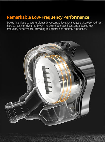 The Voltray Vault KZ PR3 features a transparent design showcasing its planar driver for enhanced low-frequency audio performa