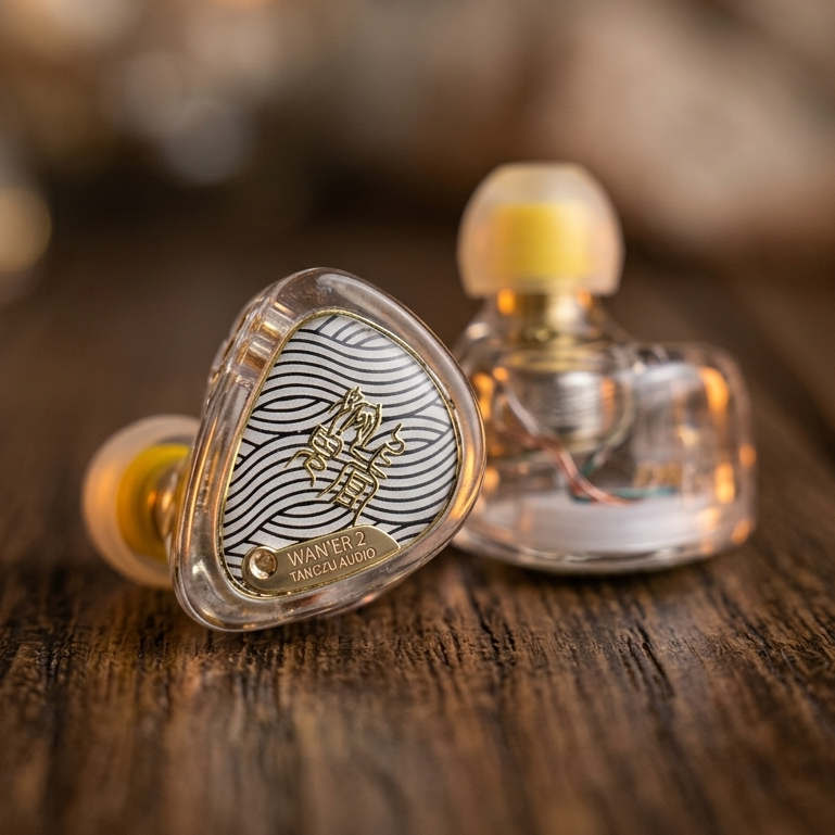 TangZu Waner 2 earphones with a clear housing and intricate design, showcasing a unique aesthetic on a wooden surface.