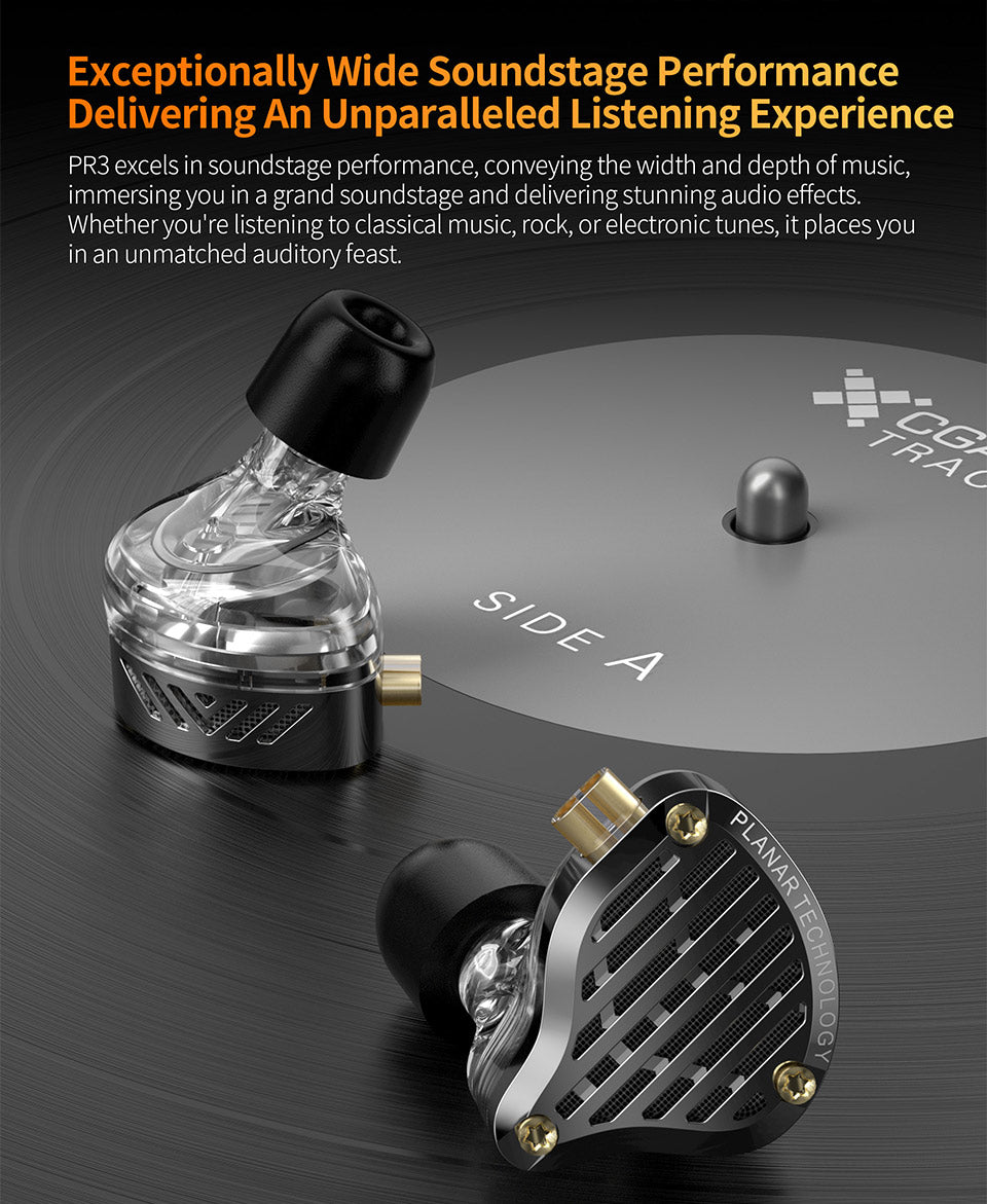 KZ PR3 in-ear monitors with a transparent design and metallic accents, showcasing exceptional soundstage performance.