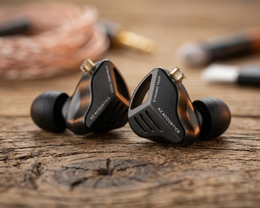 KZ ZVX in-ear monitors with dynamic drivers, featuring a sleek black design and ear tips, resting on a wooden surface.