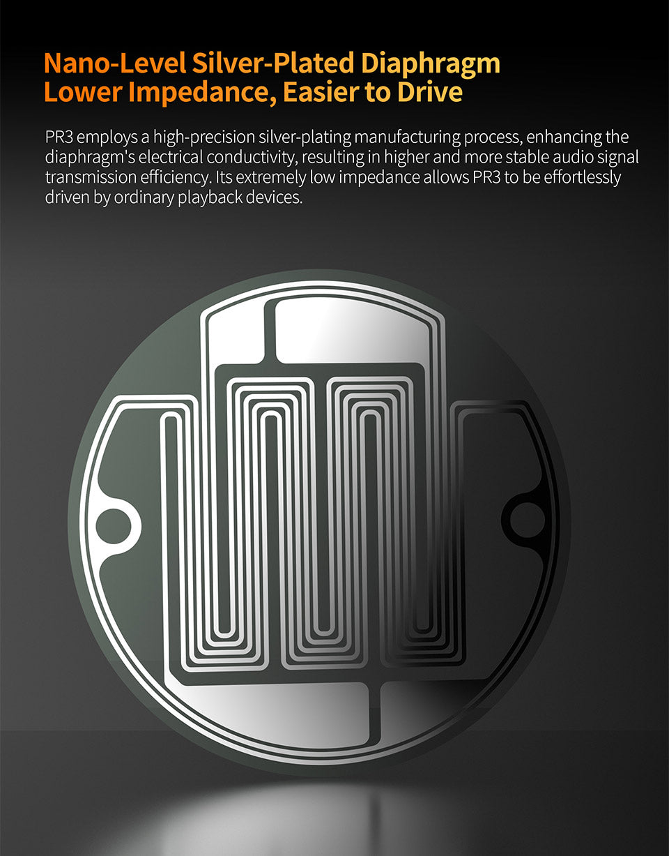 Silver-plated diaphragm of the KZ PR3, showcasing its intricate design for enhanced audio performance and lower impedance.