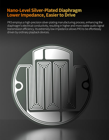Silver-plated diaphragm of the KZ PR3, showcasing its intricate design for enhanced audio performance and lower impedance.