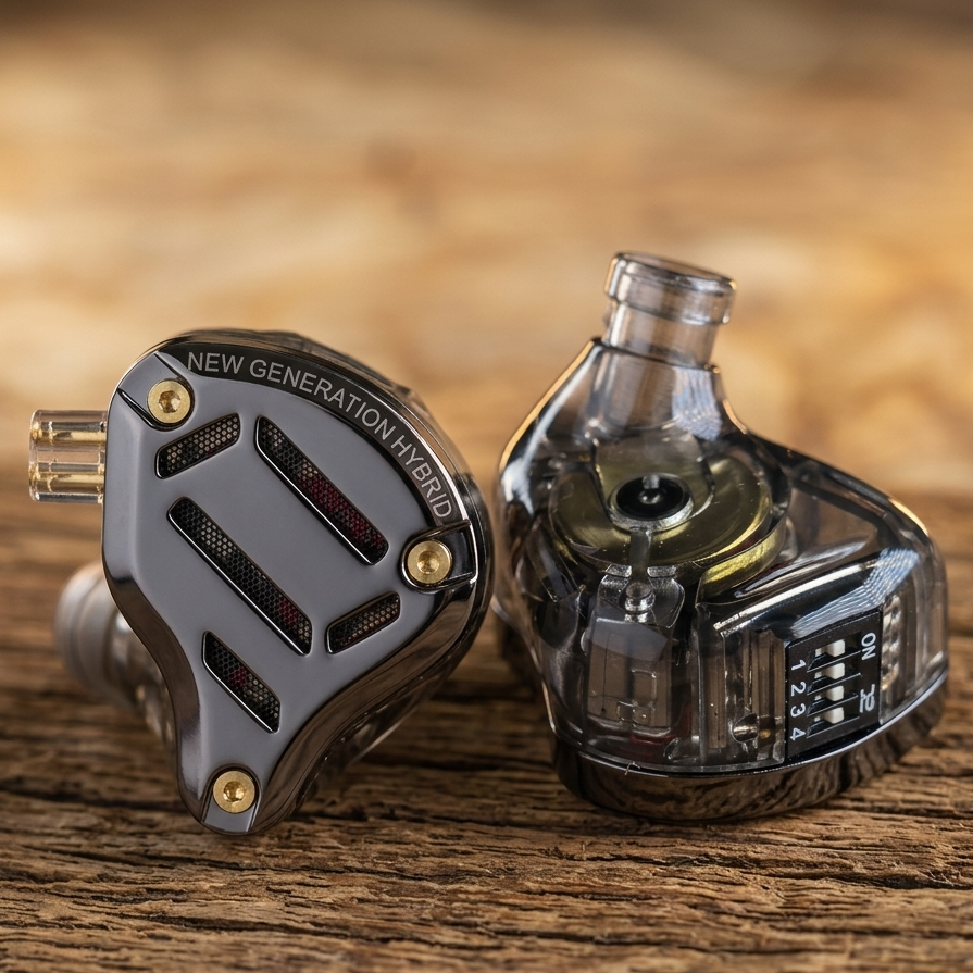 KZ ZS10 PRO 2 in-ear monitors with hybrid design and adjustable sound settings on wood surface background