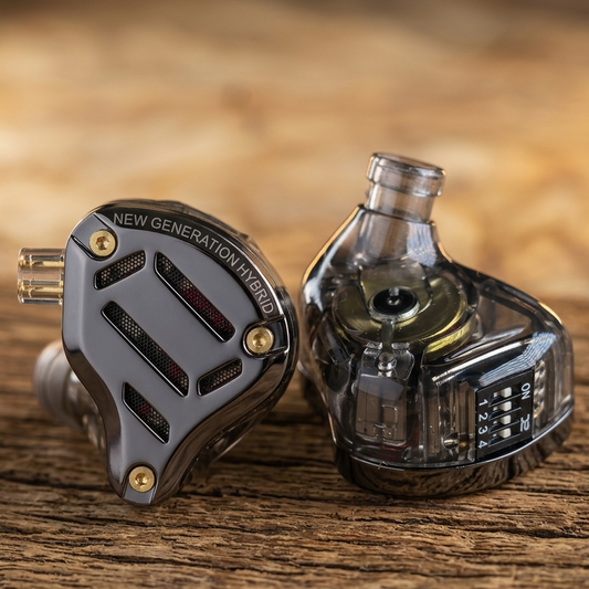 KZ ZS10 PRO 2 in-ear monitors with hybrid design and adjustable sound settings on wood surface background