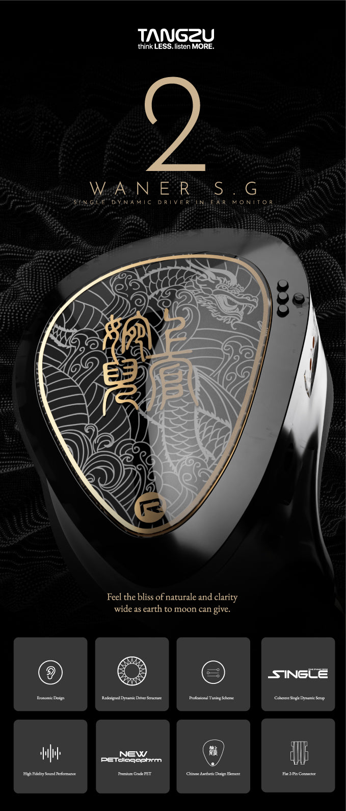TangZu Waner 2: sleek black design with intricate gold detailing, featuring dynamic drive technology for enhanced sound.