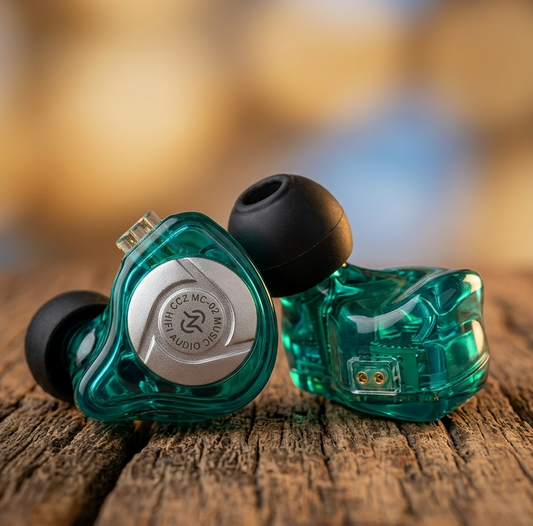 THE VOLTRAY VAULT CCZ MC02 in-ear monitors with a transparent teal design and black ear tips on a wooden surface.