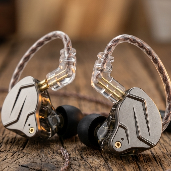 Close-up of KZ - ZSN Pro 2 earphones with metallic finish and clear braided cables on wooden surface