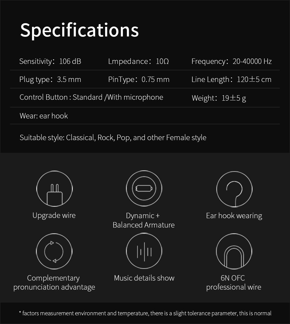 KZ ZST earphones with specifications including sensitivity, impedance, frequency range, and features for various music styles