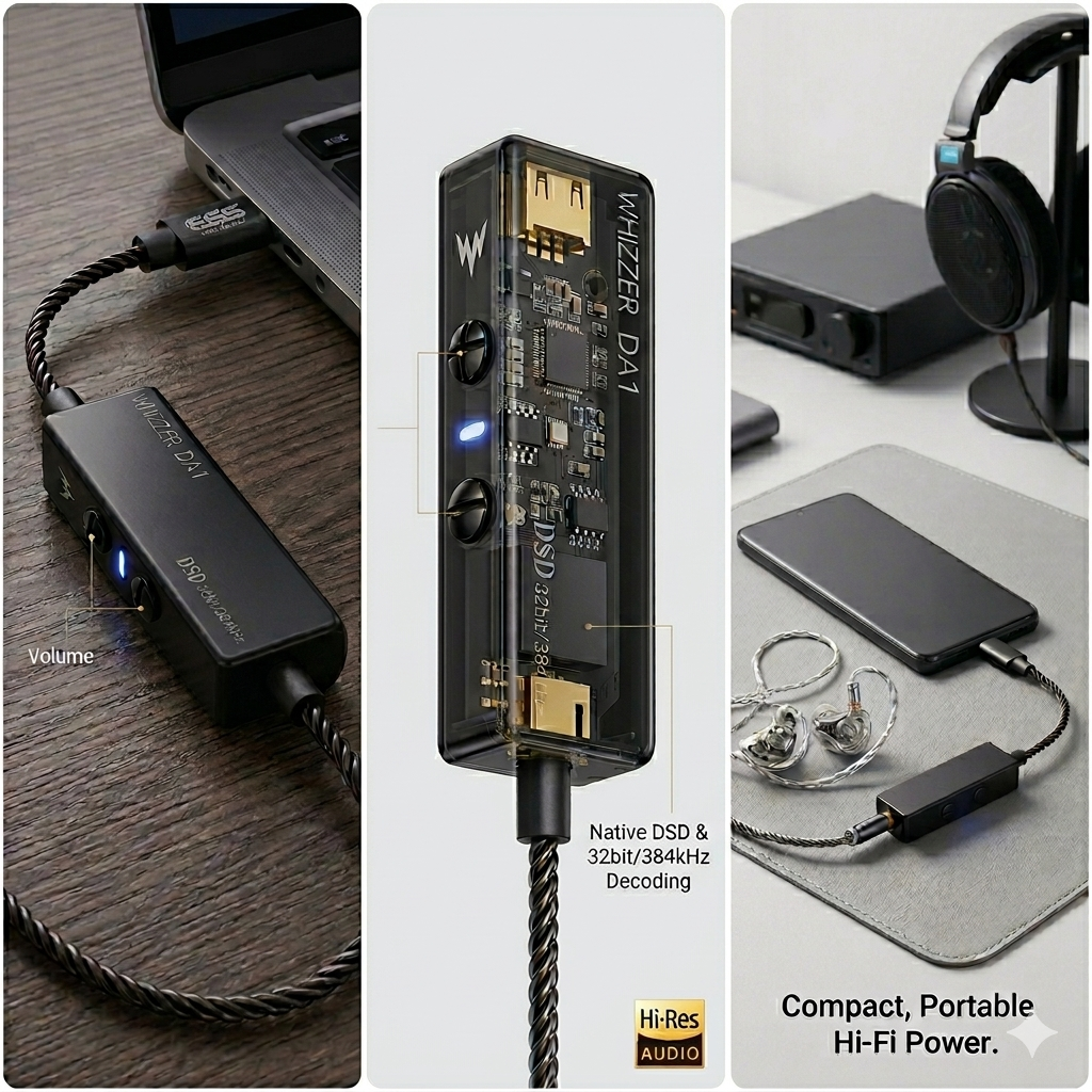 Whizzer DA1 USB-C Amplifier by THE VOLTRAY VAULT, compact design with volume control, Hi-Res audio features, and portable.