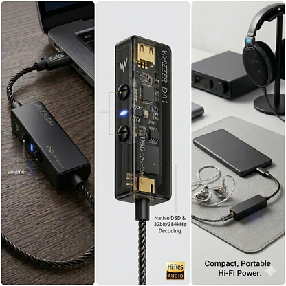 Whizzer DA1 USB-C Amplifier by THE VOLTRAY VAULT, compact design with volume control, Hi-Res audio features, and portable.