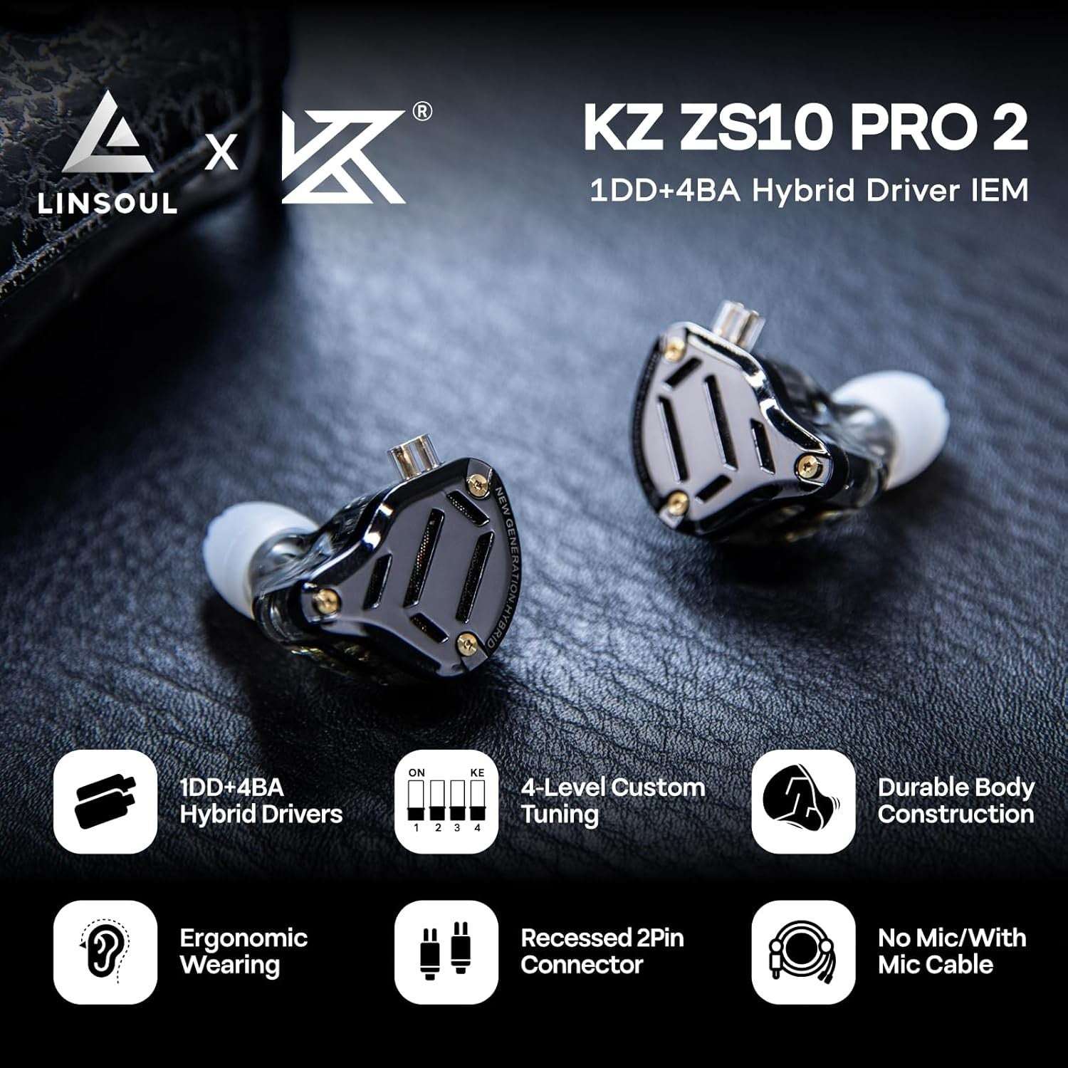 KZ ZS10 PRO 2 black in-ear monitors with hybrid drivers and custom tuning features on a dark surface background