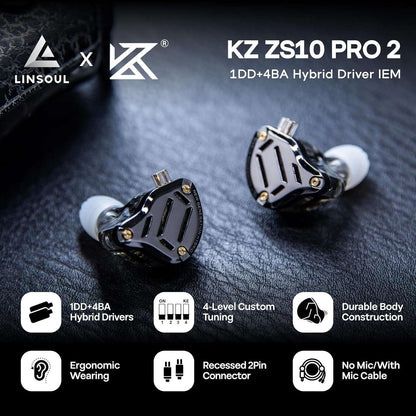 KZ ZS10 PRO 2 black in-ear monitors with hybrid drivers and custom tuning features on a dark surface background