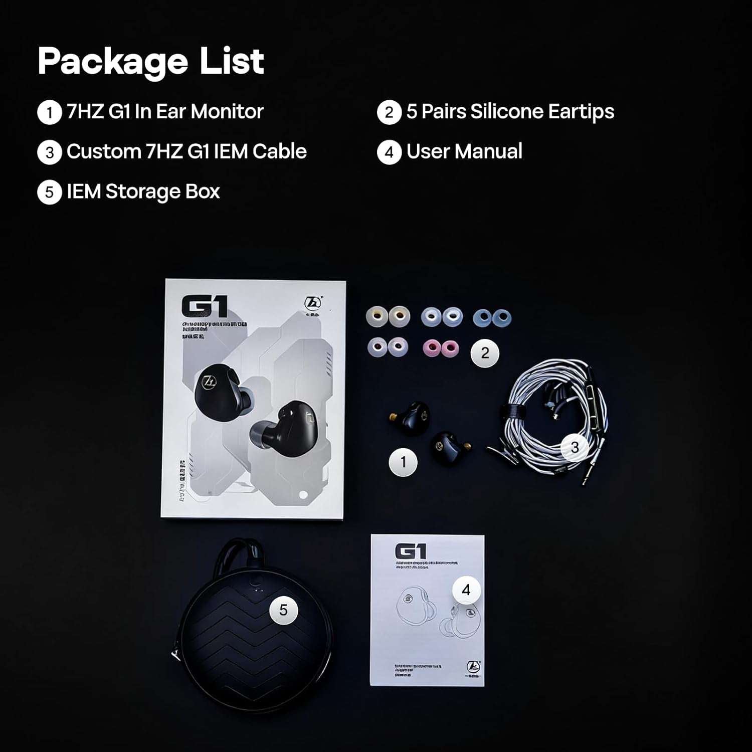 Linsoul 7HZ G1 in-ear monitors with silicone eartips, custom cable, storage box, and user manual on a black background.