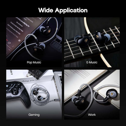 Linsoul 7HZ G1 earbuds displayed in four settings: music, gaming, work, and casual use, showcasing versatility and design.