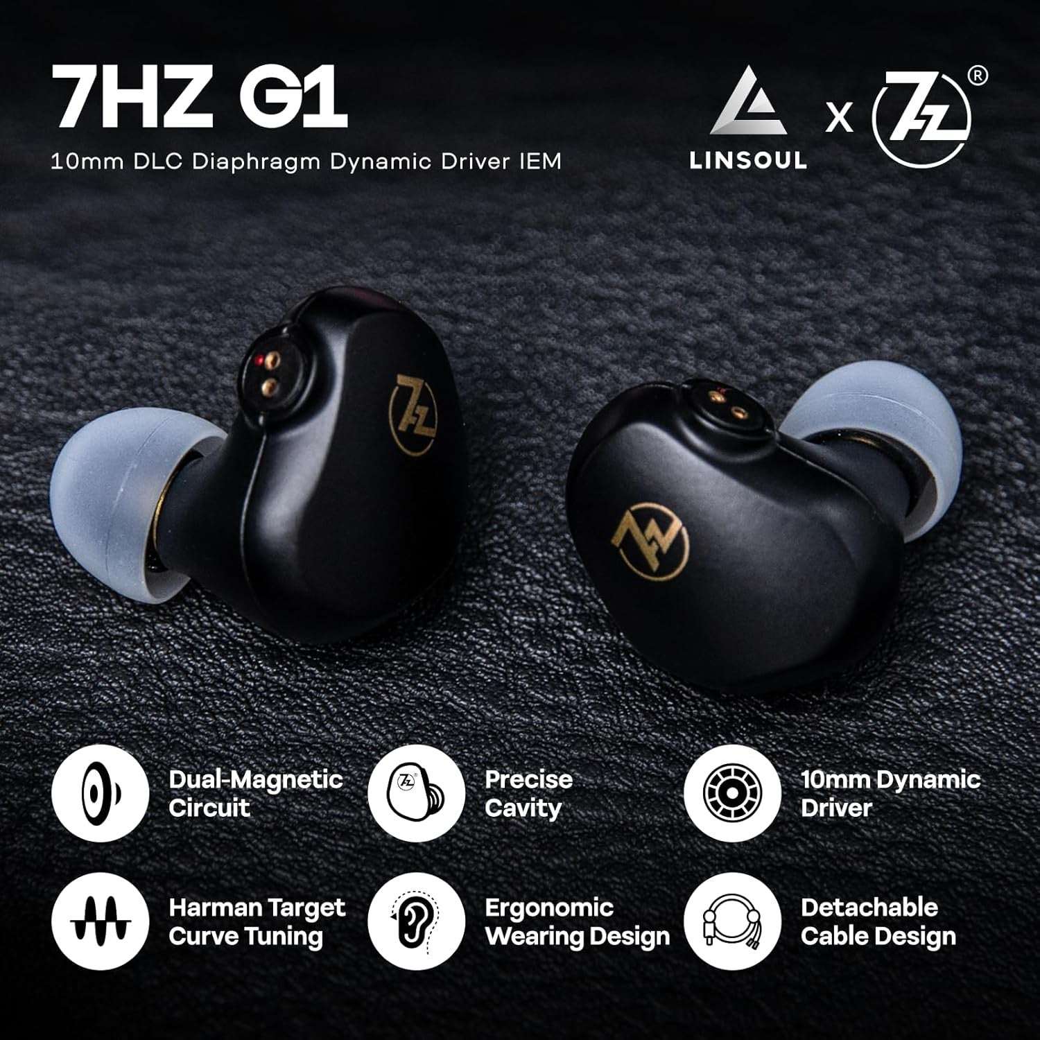 Linsoul 7HZ G1 in-ear monitors featuring a 10mm dynamic driver, ergonomic design, and detachable cable.