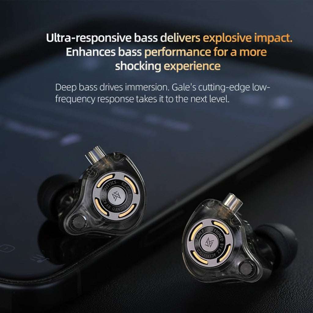 KZ Gale earphones with transparent casing highlighting ultra-responsive bass for enhanced low-frequency sound.