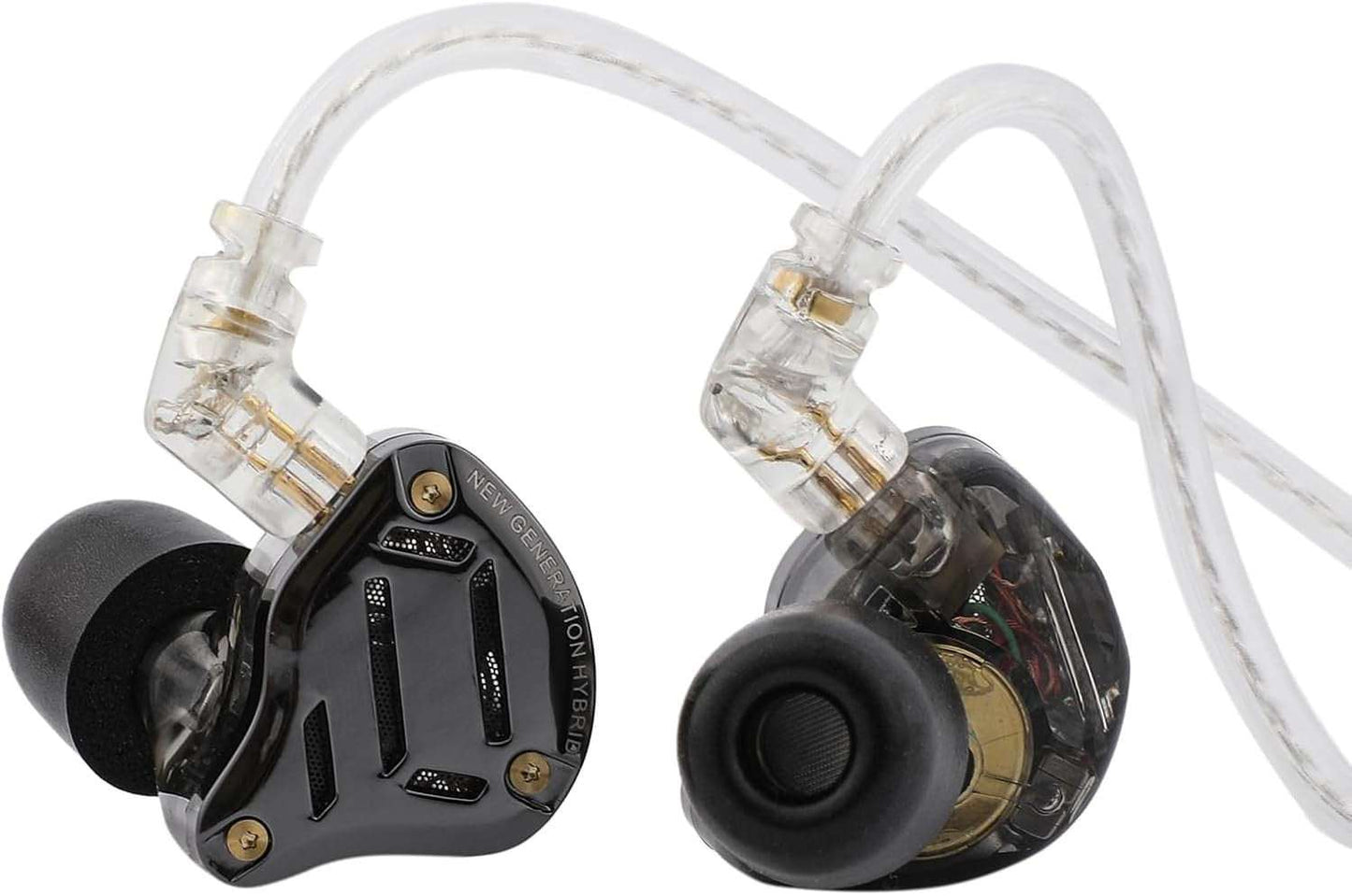 KZ ZS10 PRO 2 in-ear monitors with transparent black housing and detachable clear cable.
