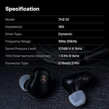 Linsoul 7HZ G1 in-ear monitors with dynamic drivers, 18Ω impedance, and 10Hz-20kHz frequency range.