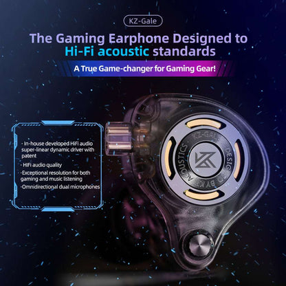 Close-up of the transparent KZ Gale gaming earphone showcasing Hi-Fi audio driver and dual omnidirectional microphones.