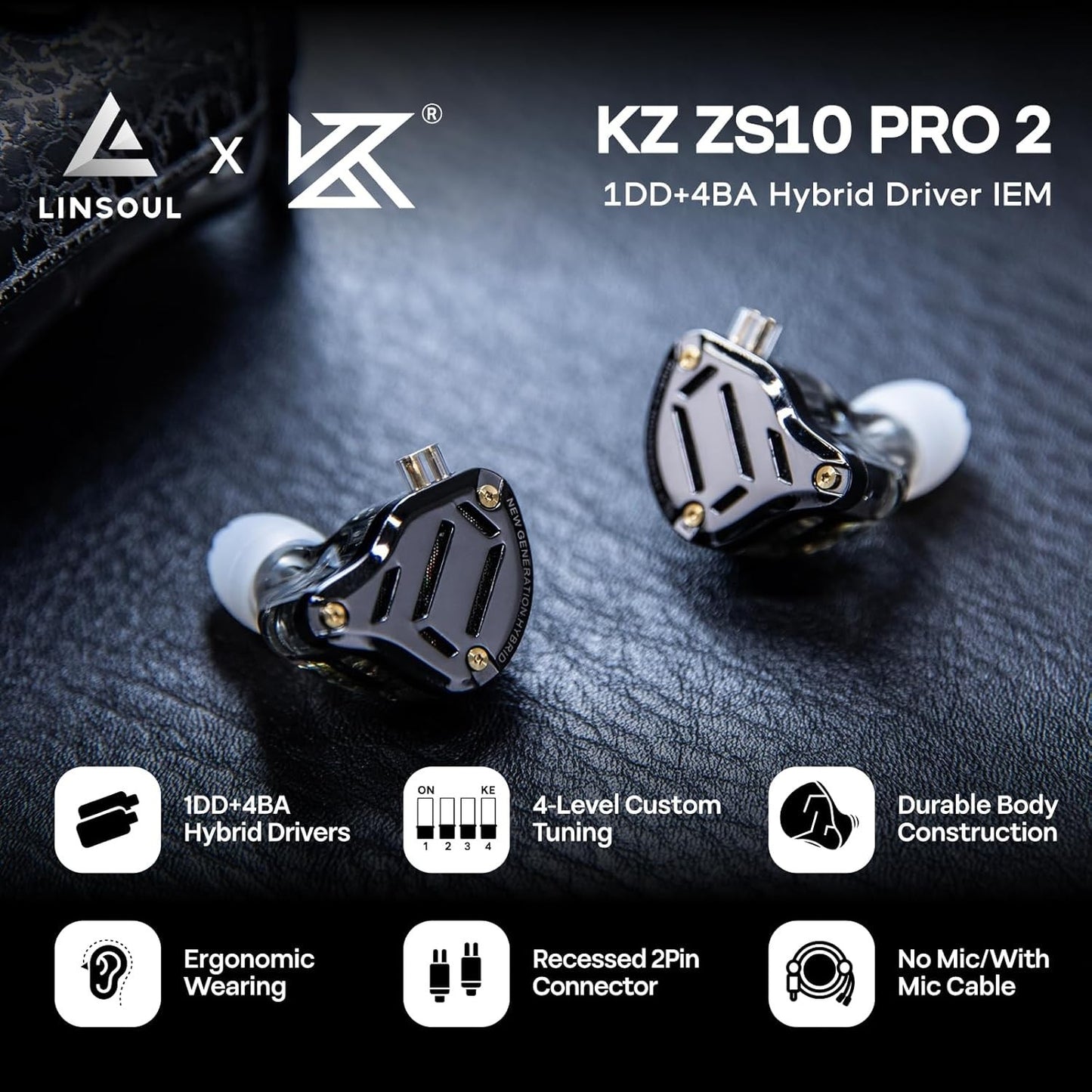 KZ ZS10 PRO 2 black in-ear monitors with hybrid drivers and custom tuning features on a dark surface background