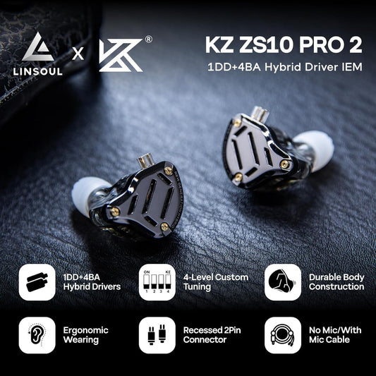 KZ ZS10 PRO 2 black in-ear monitors with hybrid drivers and custom tuning features on a dark surface background