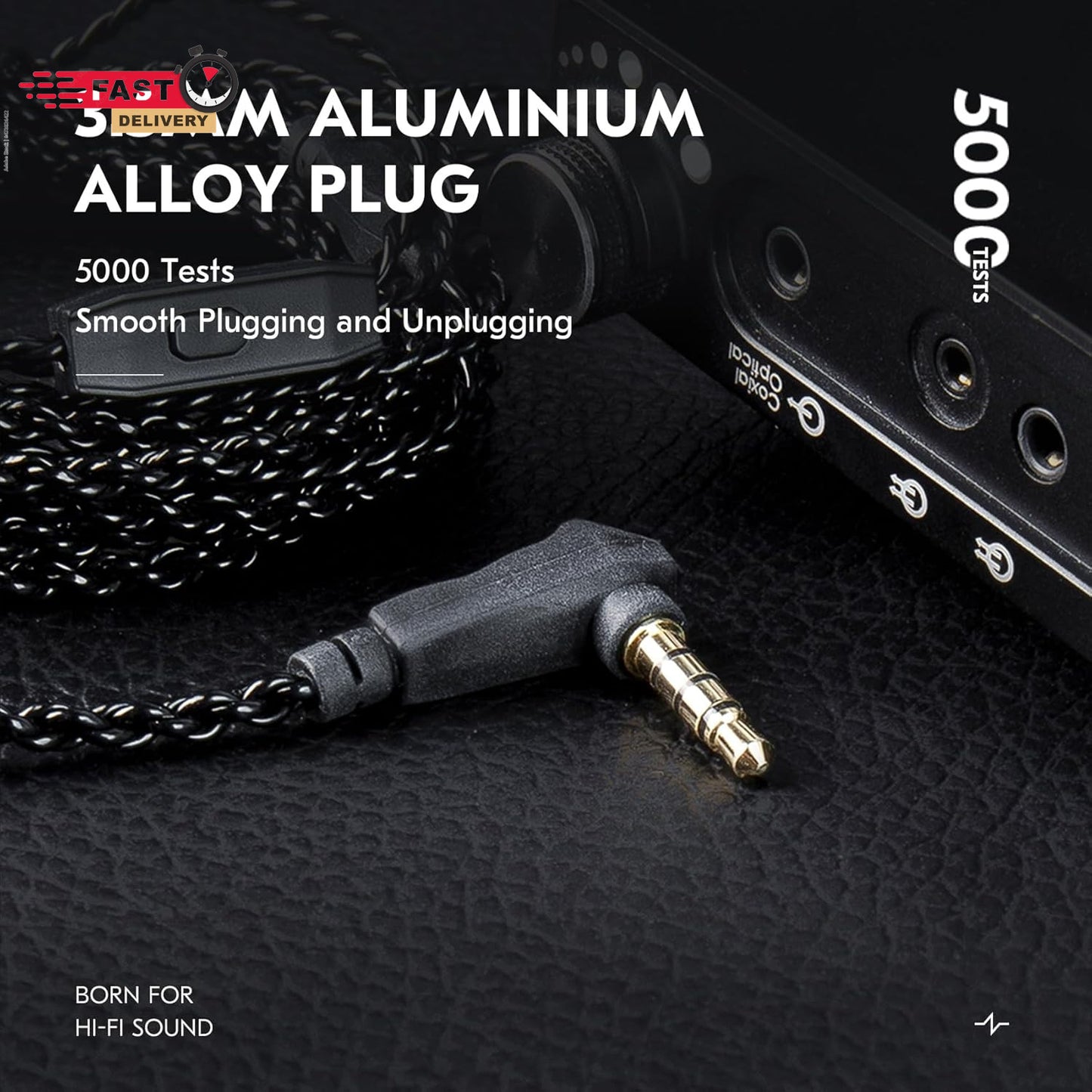 KZ ZS10 PRO Cable with Mic featuring black braided wire and gold 3.5mm angled aluminum alloy plug near audio device ports